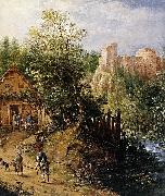 Pieter van Gunst Mountain Valley with Inn and Castle oil painting artist